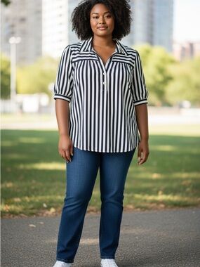 NWT: BloomChic size 14 Navy and White Vertical Stripe partial Button-Front